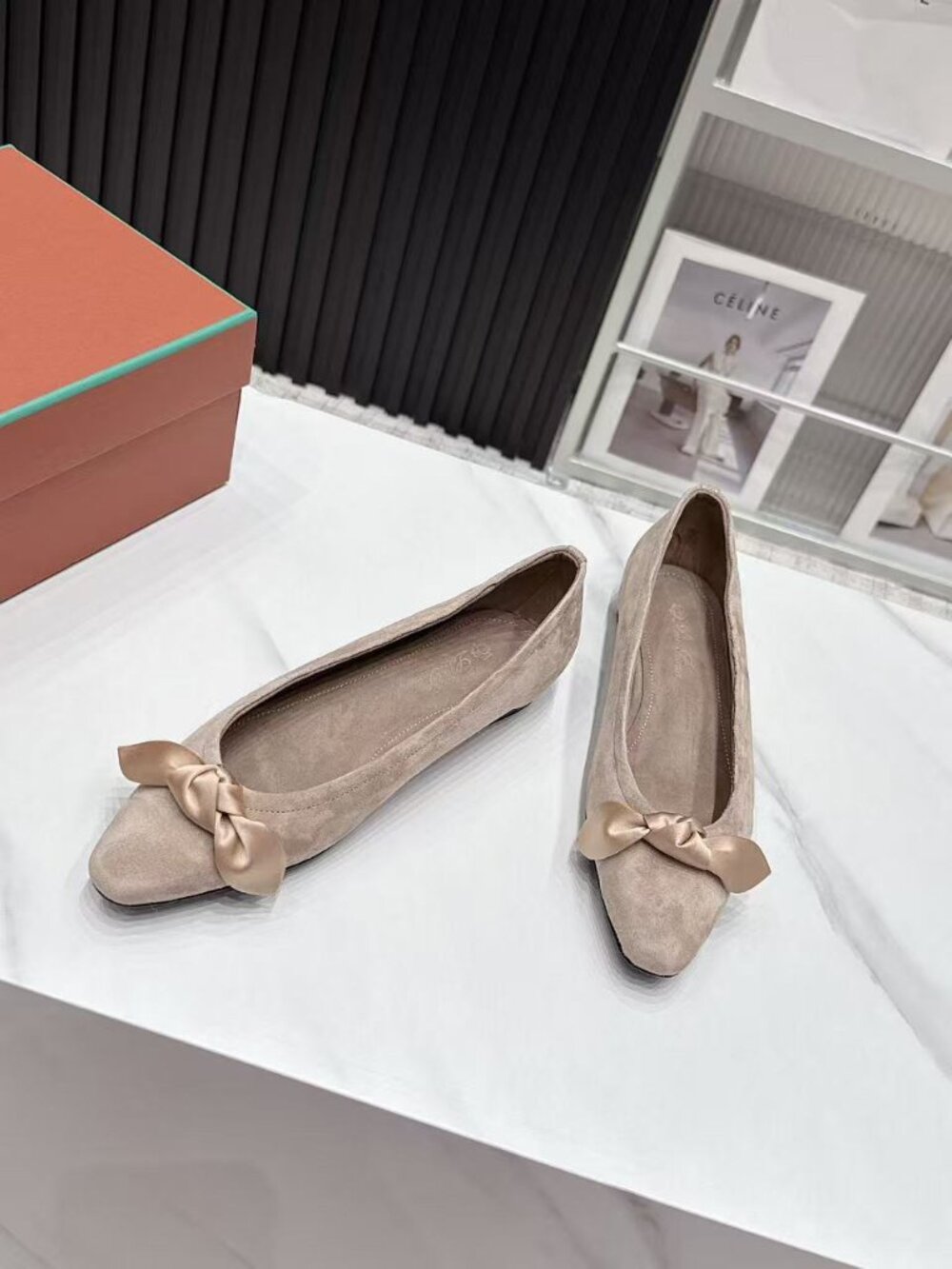 Loro Piana Suede Bow Ballet Flats Nude Beige Satin Knot Slip On Shoes